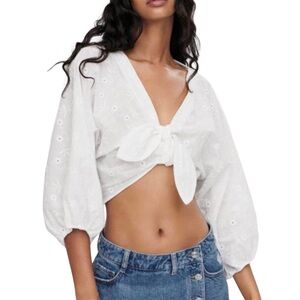 Zara White Puff Sleeve Tie-Front Top Embroidered Boho Beachy Cottage Core Costal